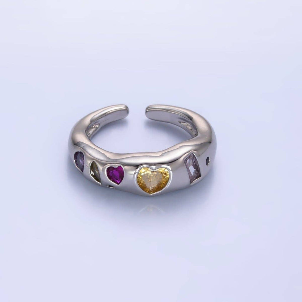 24K Gold Filled Multicolor Geometric Heart Baguette CZ Ring in Gold & Silver | O740 O743
