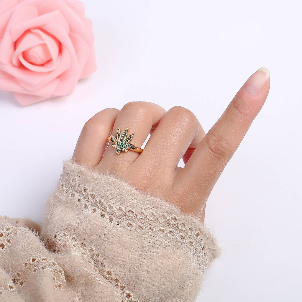 Green CZ Crystal Micro Pave Weed Gold Open Ring O2159