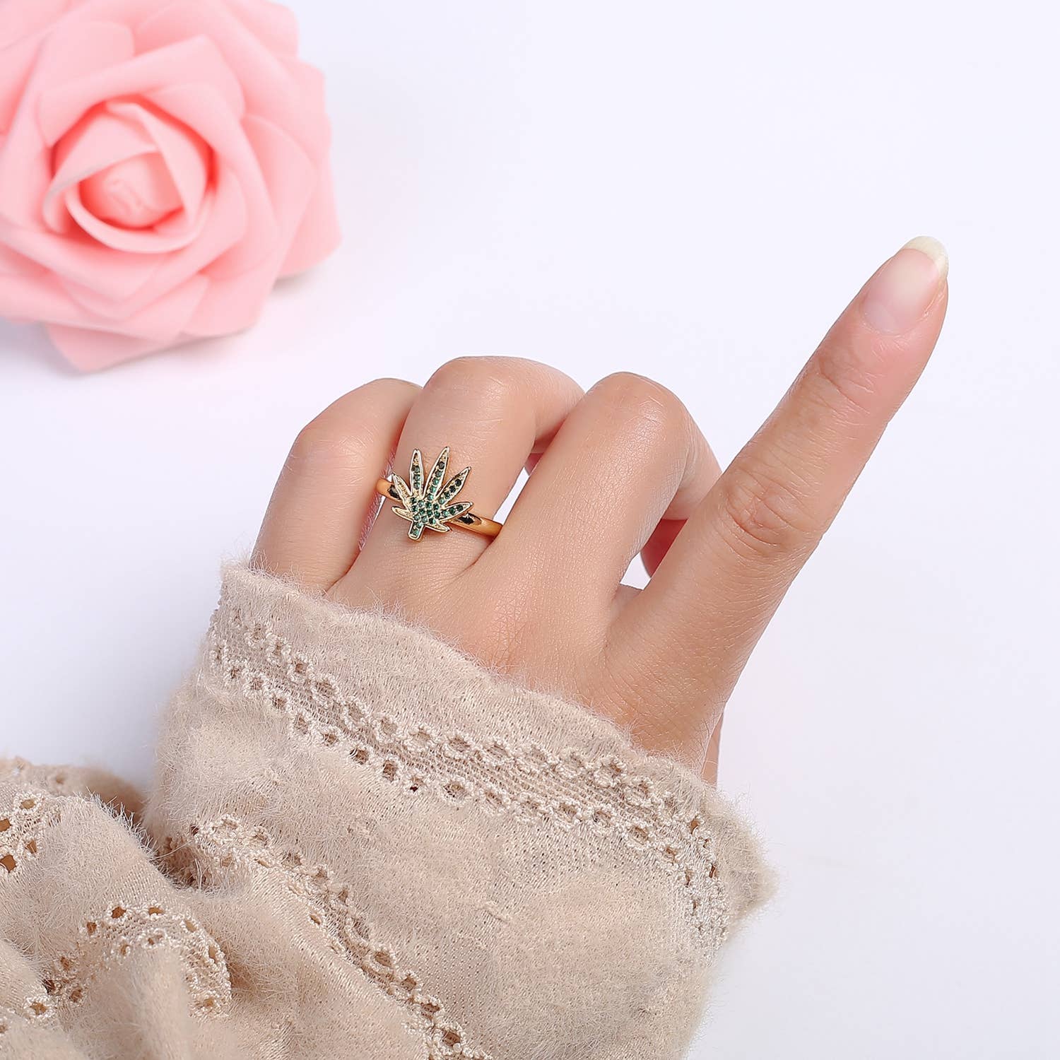 Green CZ Crystal Micro Pave Weed Gold Open Ring O2159