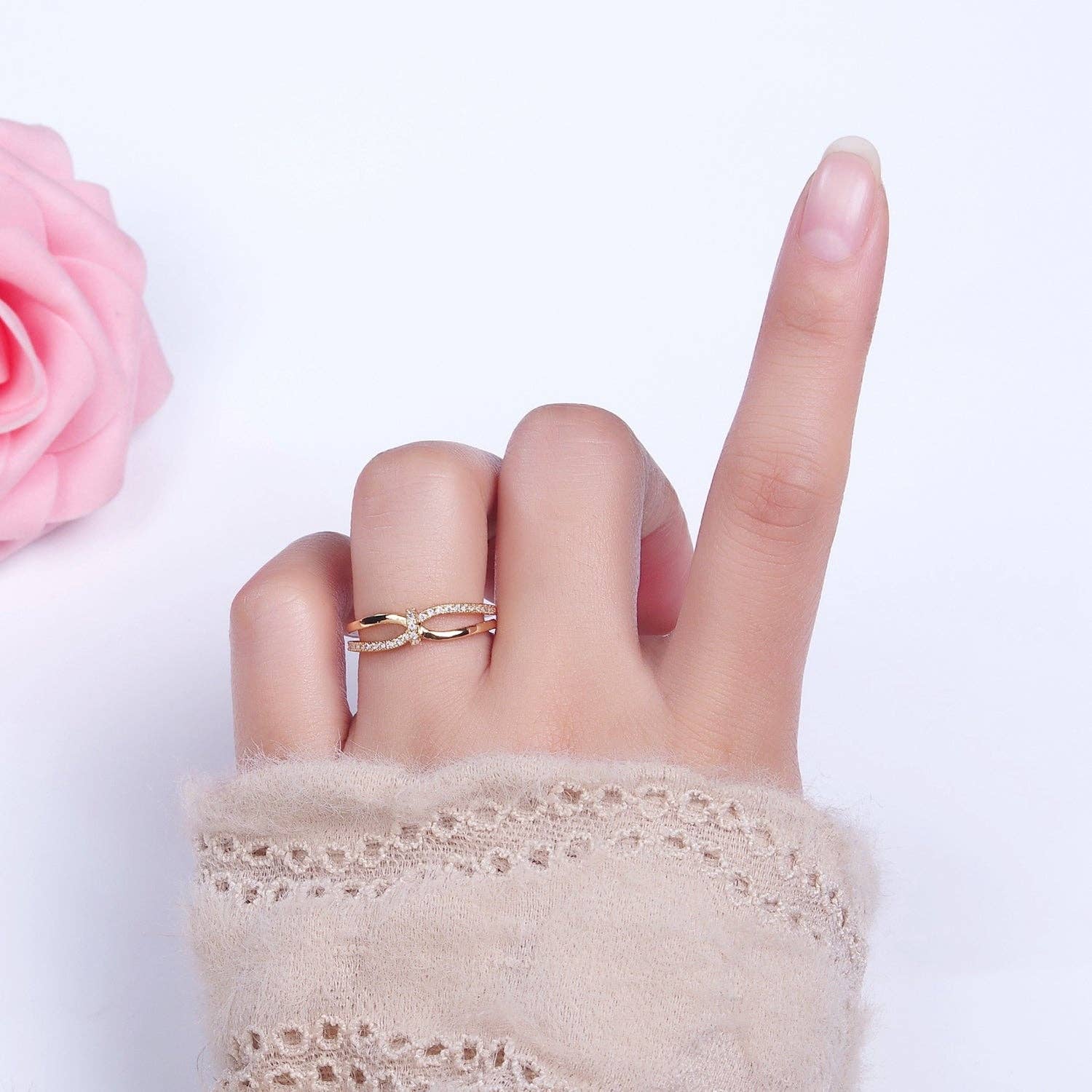 16K Gold Filled Mirco Paved Knot Double Band Ring in Gold &