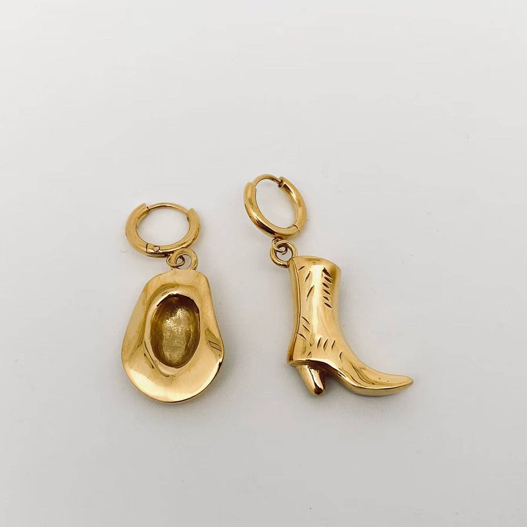 Western Cowgirl Hat Boot Asymmetric Huggie Earrings - FGS/WJ