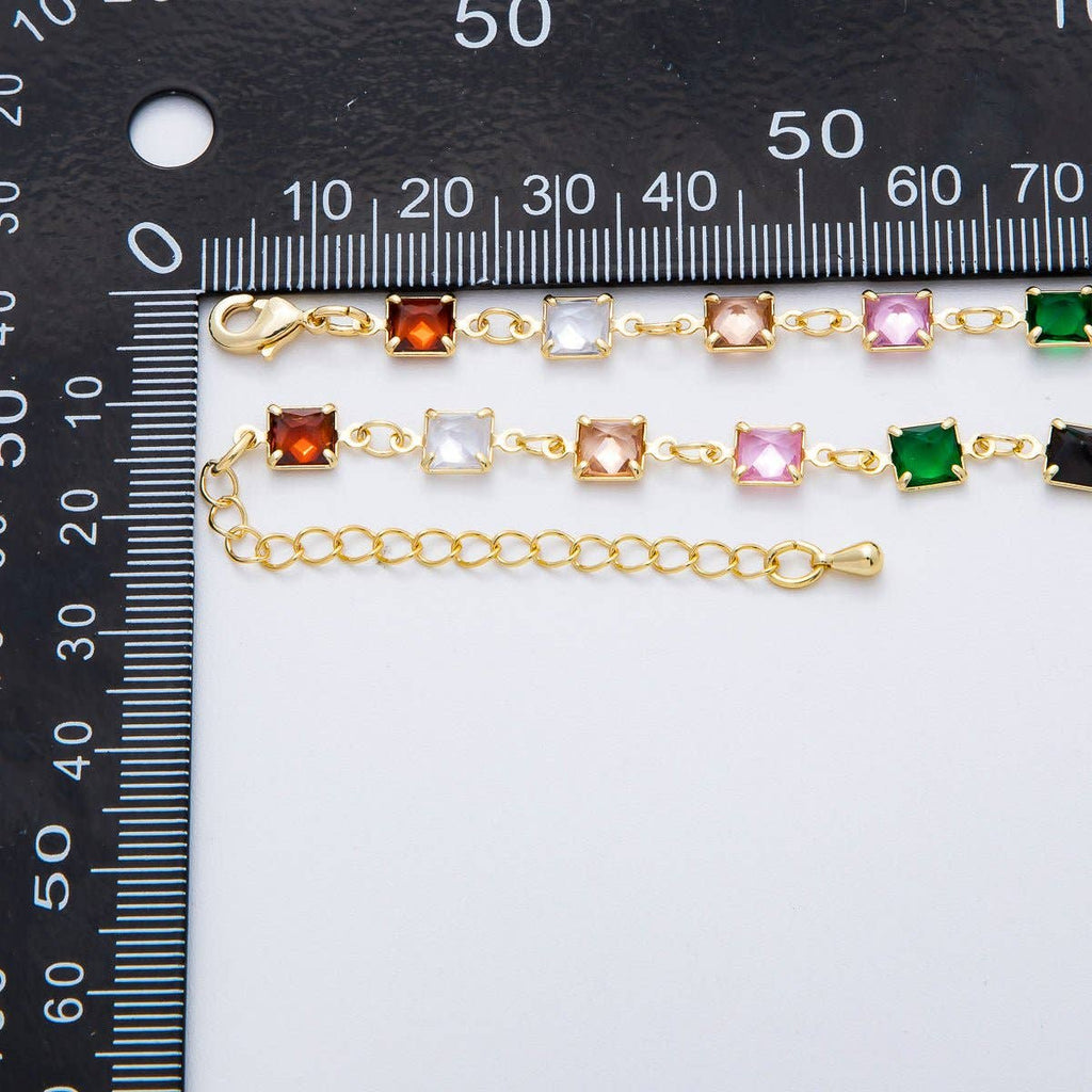 18K Gold Filled 5.7mm Clear, Multicolor Square CZ Chain 19 Inch Lariat Necklace w. Extender | WA-3273 WA-3274