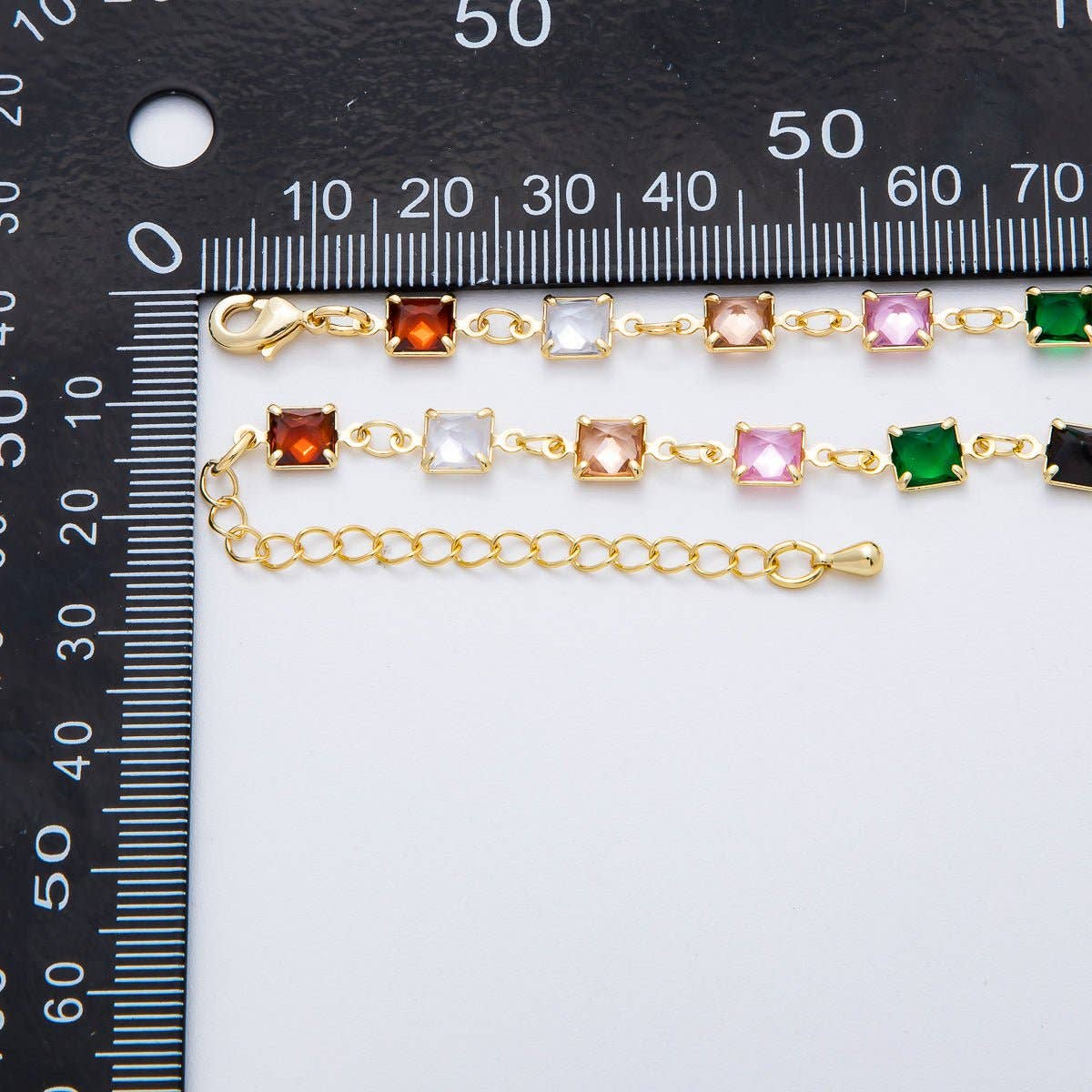 18K Gold Filled 5.7mm Clear, Multicolor Square CZ Chain 19 Inch Lariat Necklace w. Extender | WA-3273 WA-3274