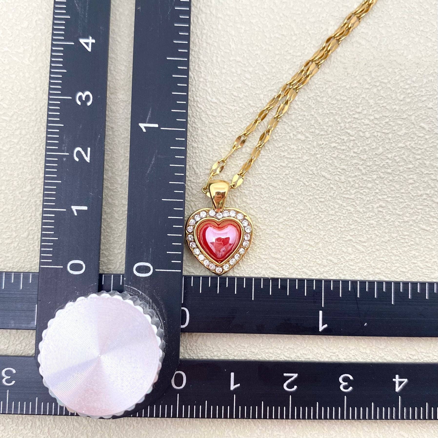 FGS - Enamel Heart 18K Golden Steel charm Inlaid CZ Necklace