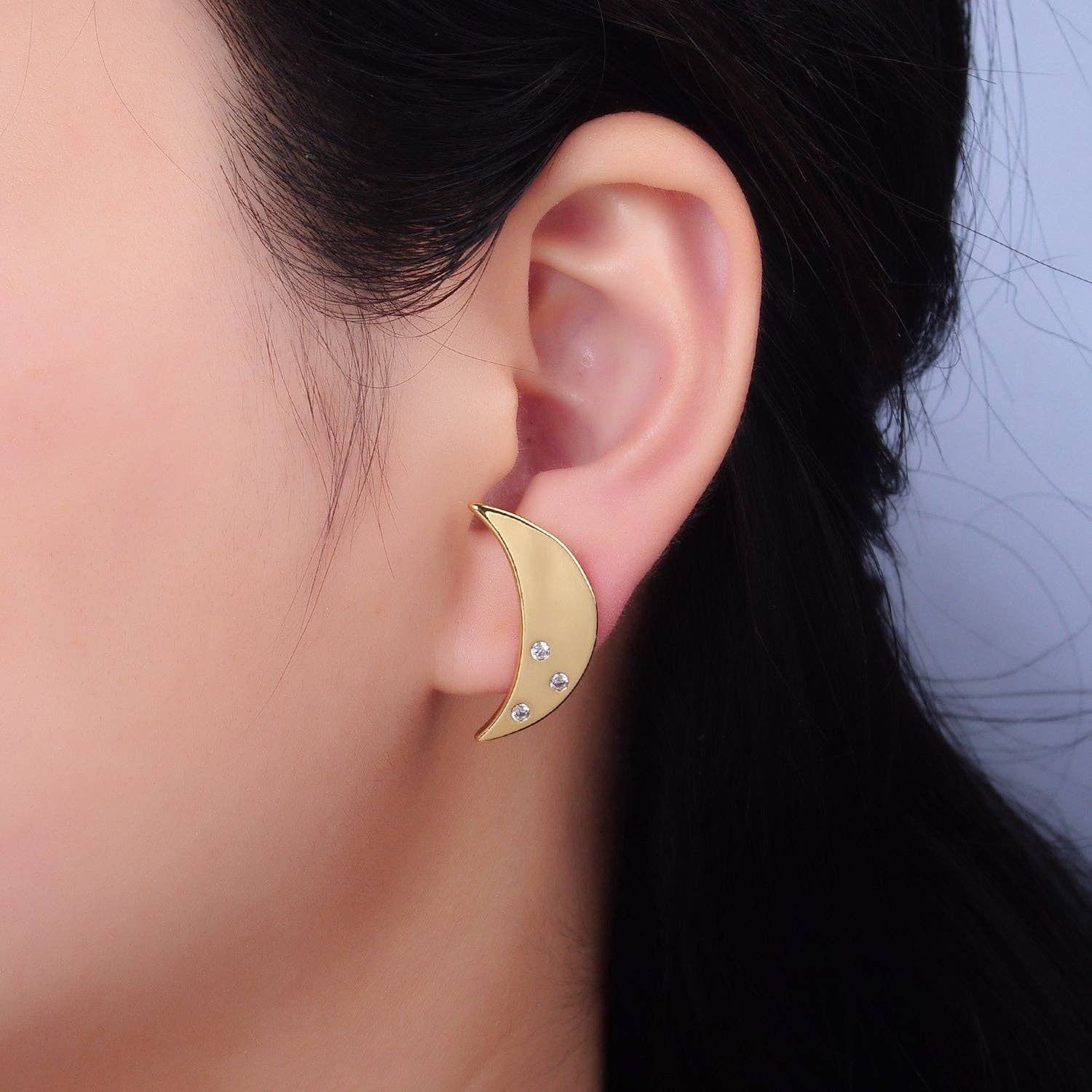 24K Gold Filled Clear CZ Celestial Crescent Moon Stud Earrings | AB081