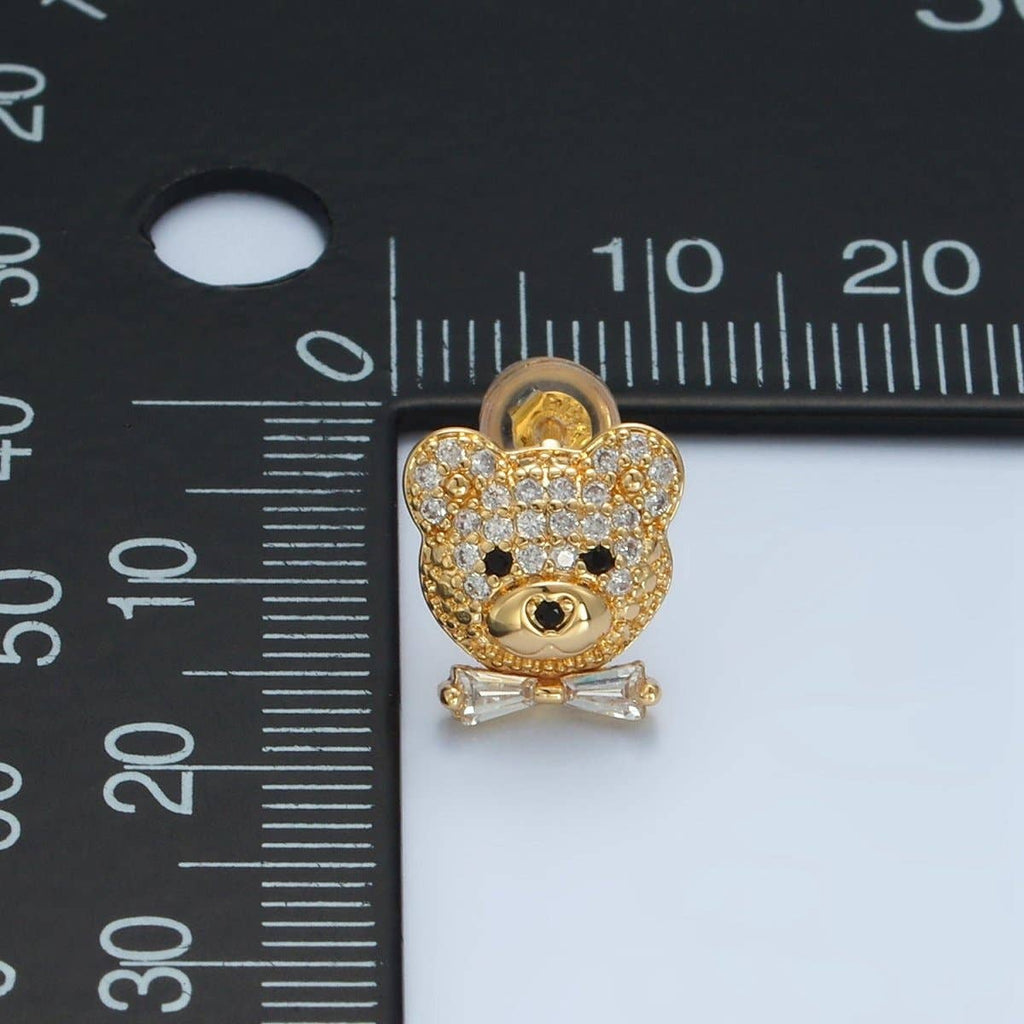 24K Gold Filled Teddy Bear Micro Paved CZ Baguette Tie Bow Stud Earrings | AD741