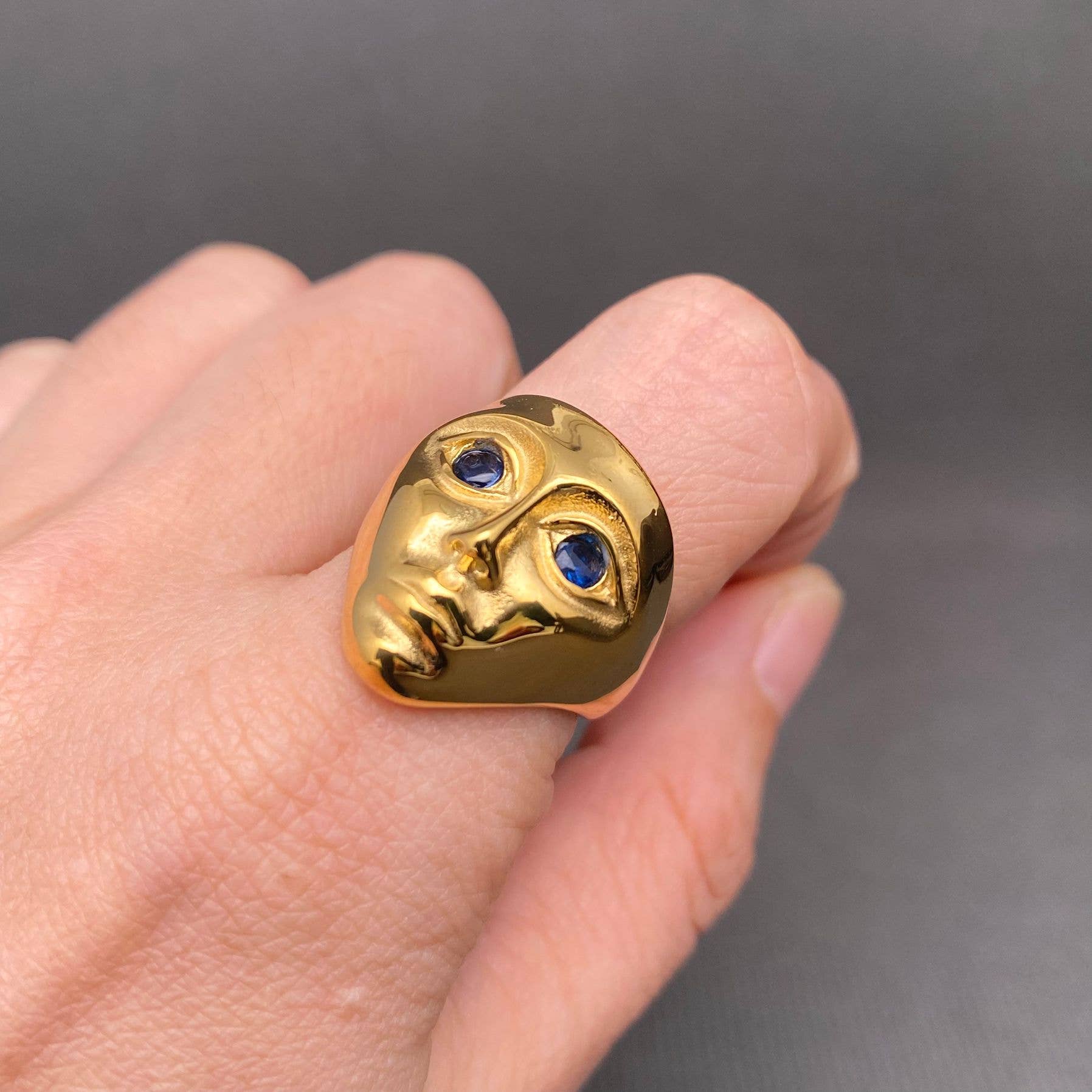 CZ inlaid 18K Gold Plated Stainless Steel Face Ring - FGS