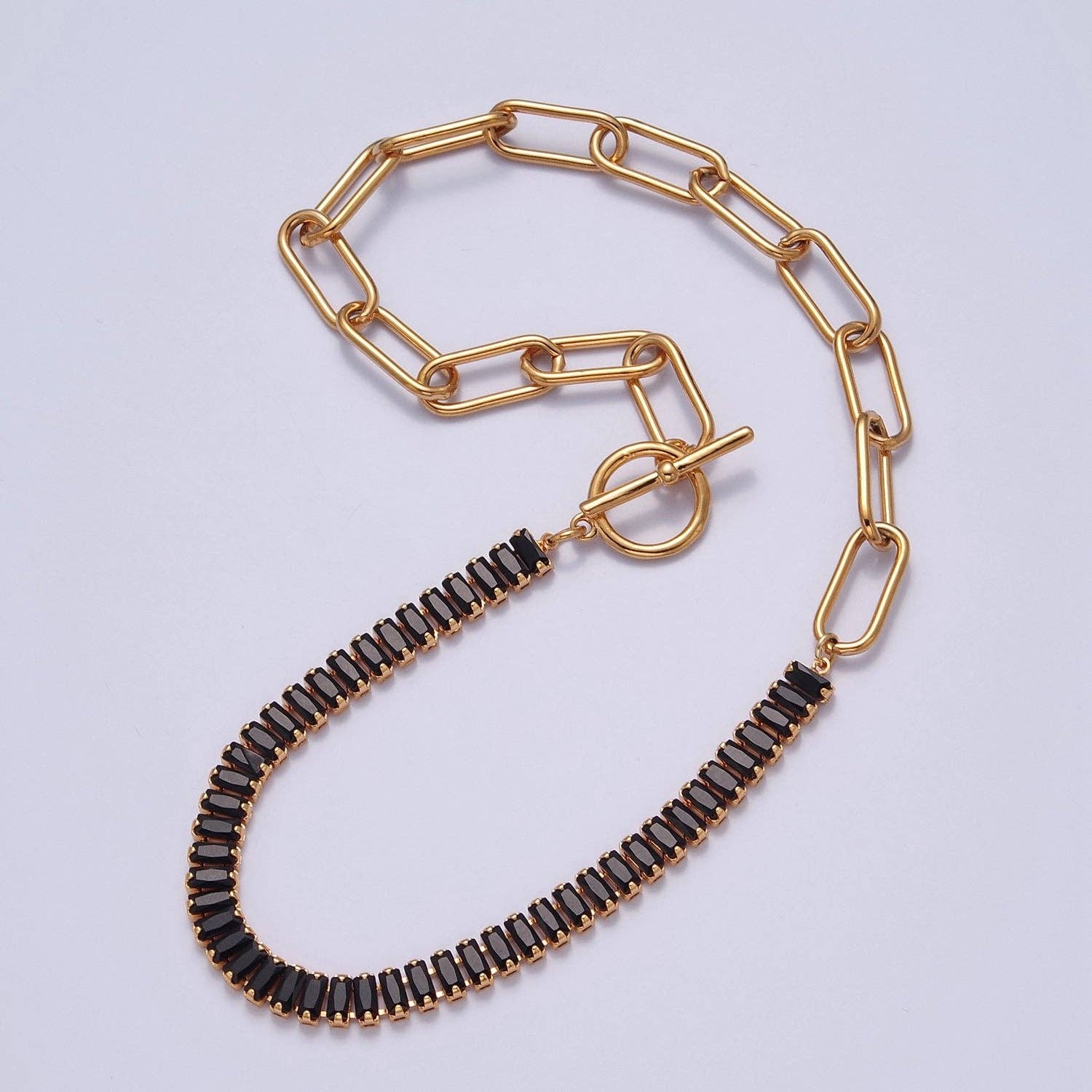 Fusion Necklace Half Baguette Tennis Chain, Half Paper Clip Chain, Statement 24K Gold Filled Necklace with Toggle WA-945
