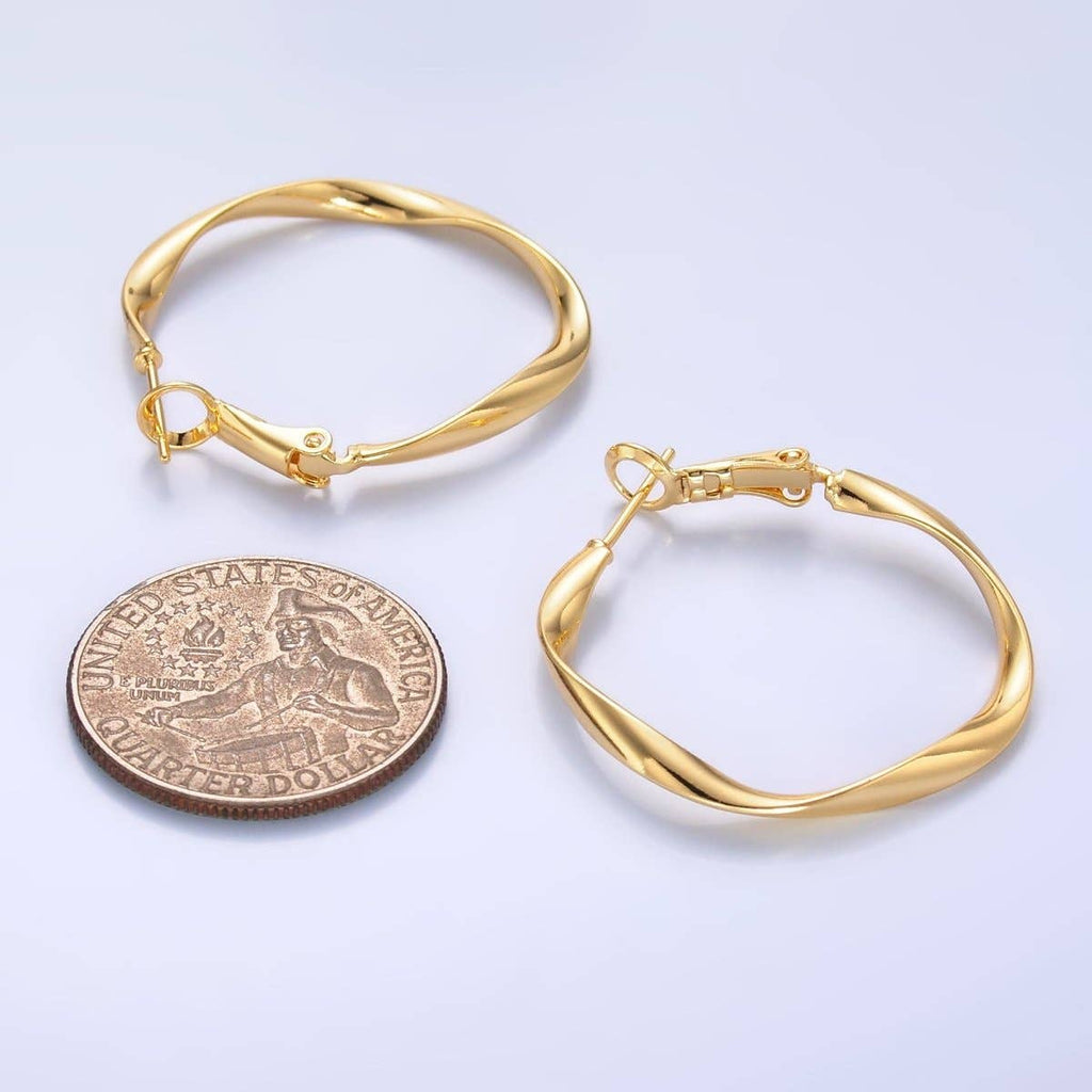 24K Gold Filled 32mm Twisted Hinge Hoop Earrings in Gold & Silver | AB863 AB864