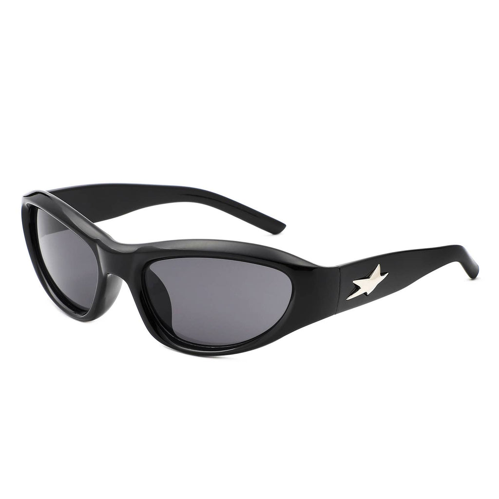 Y2K Slim Oval Unisex Wraparound Sunglasses with Star Temple