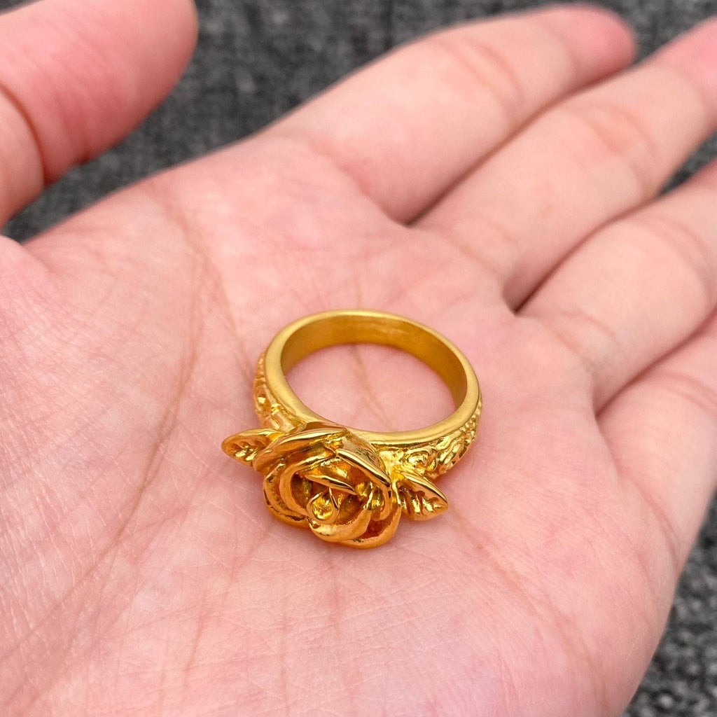 Vintage 18K Gold Plated Stainless Steel Rose Ring - FGS