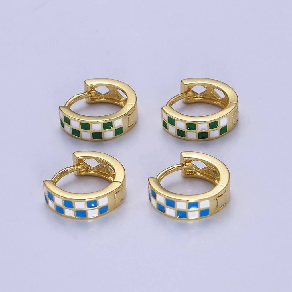 24K Gold Filled Enamel Checker Hoops Earring Retro Gold Huggie Earrings V131 V132