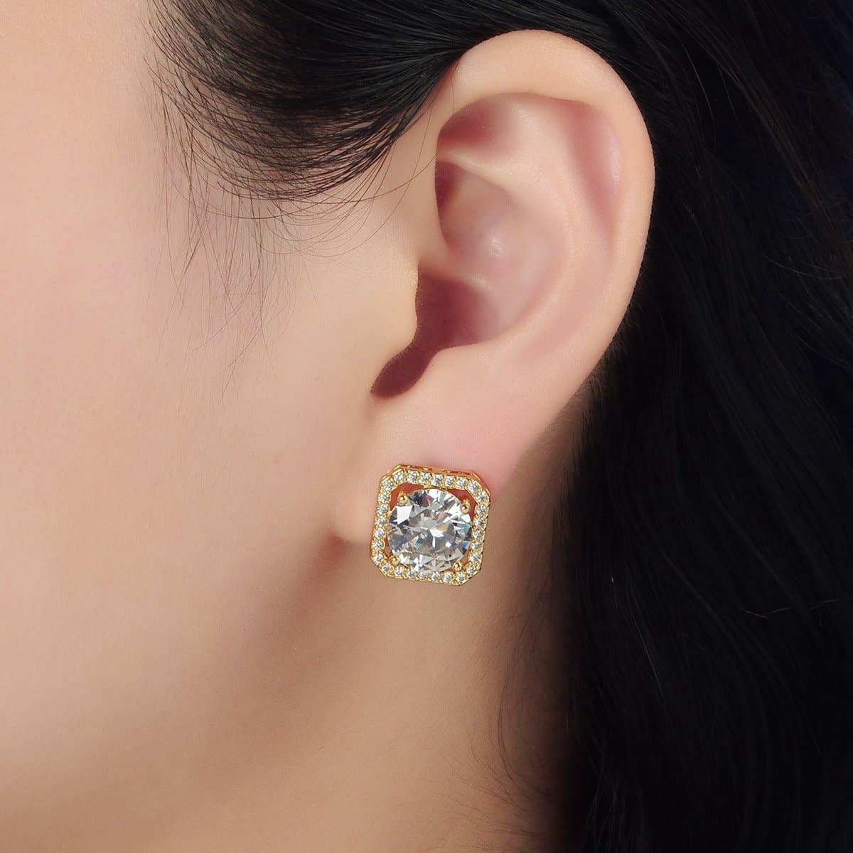 24K Gold Filled Clear CZ Micro Paved Open Square Stud Earrings | AD756