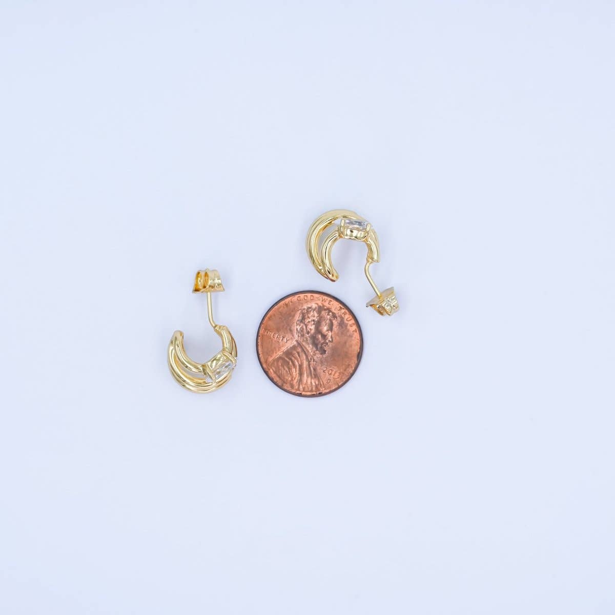 14K Gold Filled Oval CZ Triple Bar Claw C-Shaped Cartilage Hoop Earrings | AB990