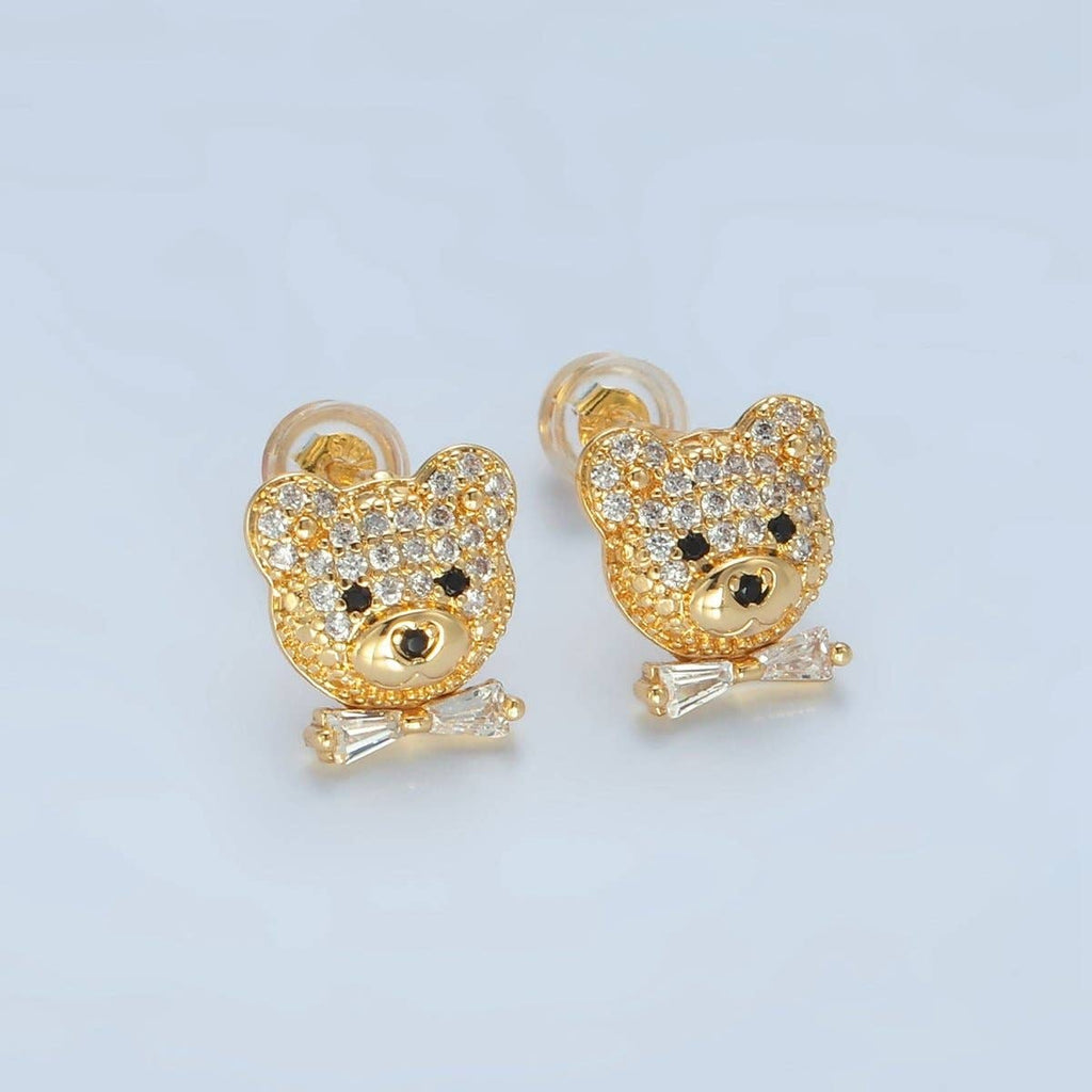 24K Gold Filled Teddy Bear Micro Paved CZ Baguette Tie Bow Stud Earrings | AD741