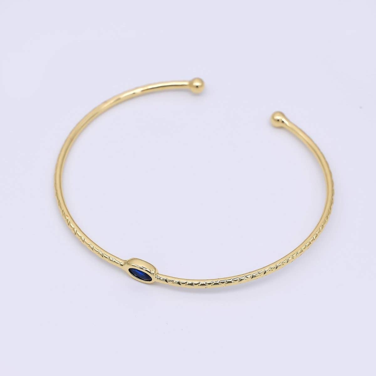 24K Gold Filled Blue CZ Simple Solitaire Cuff Bracelet | WA-3403