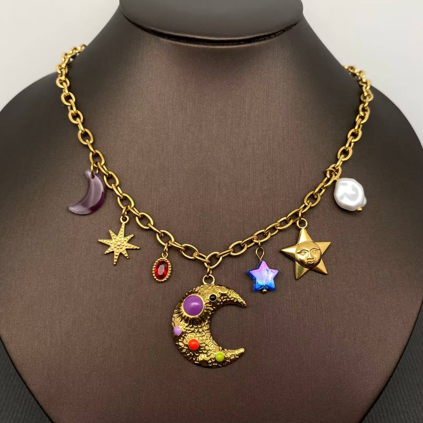 Fantastic Star Moon Charm 18K Golden SS Necklace - FGS/MS