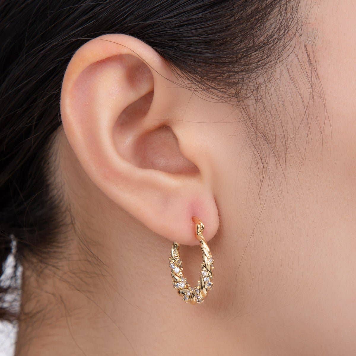 18K Gold Filled 24mm Micro Paved CZ Twisted Croissant Latch Hoop Earrings | AI359