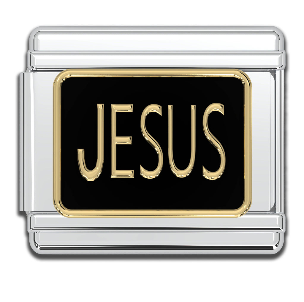 Italian Bracelet Charms - "JESUS" (Black & Gold) Religious 9mm Links