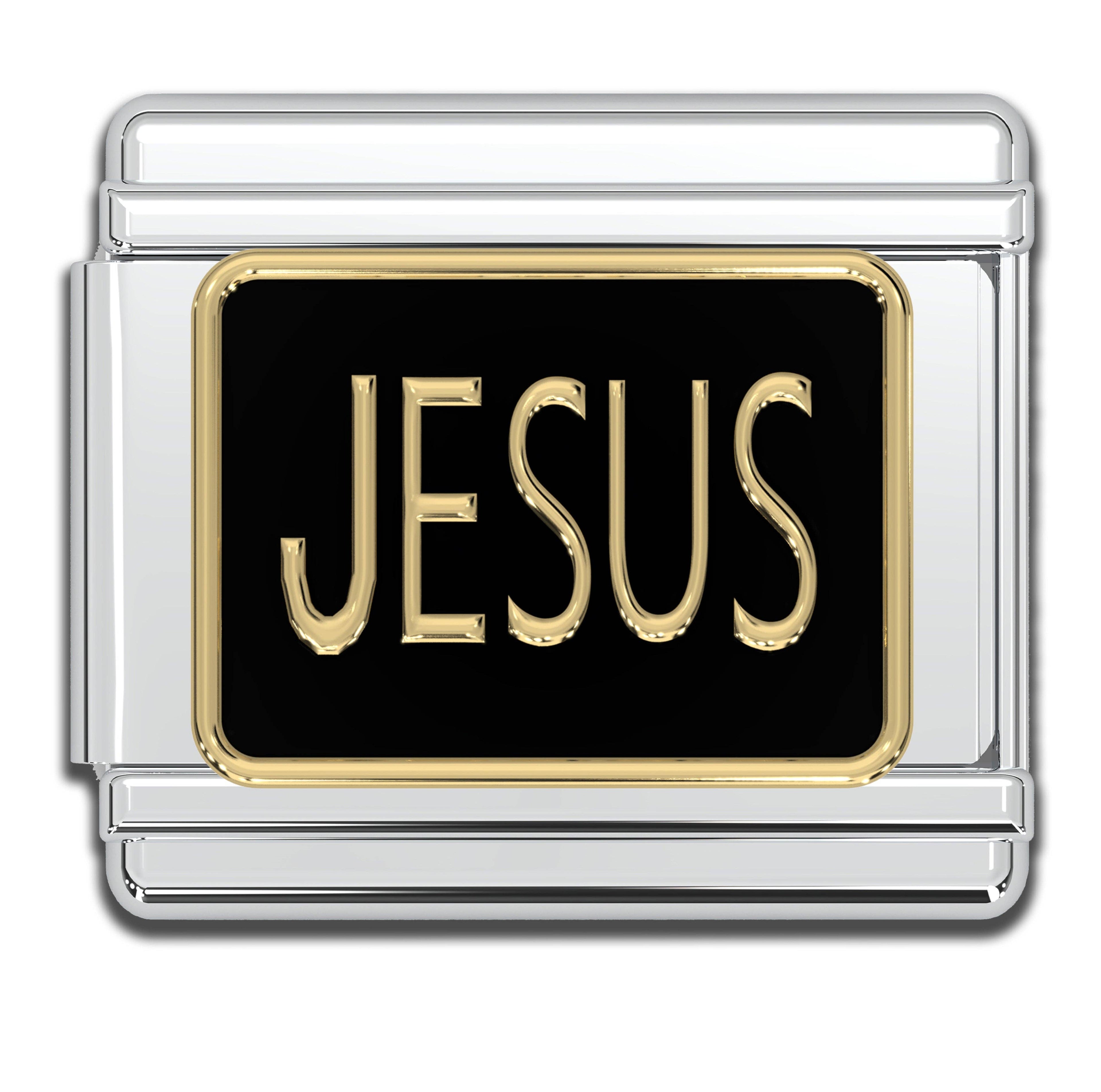 Italian Bracelet Charms - "JESUS" (Black & Gold) Religious 9mm Links