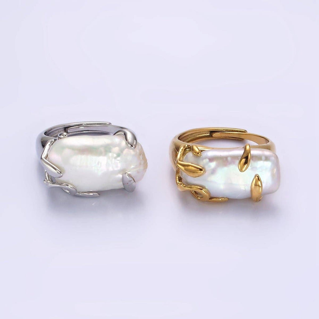 18K Gold Filled White Baroque Freshwater Pearl Molten Drip Ring in Gold & Silver | O-608 O-609