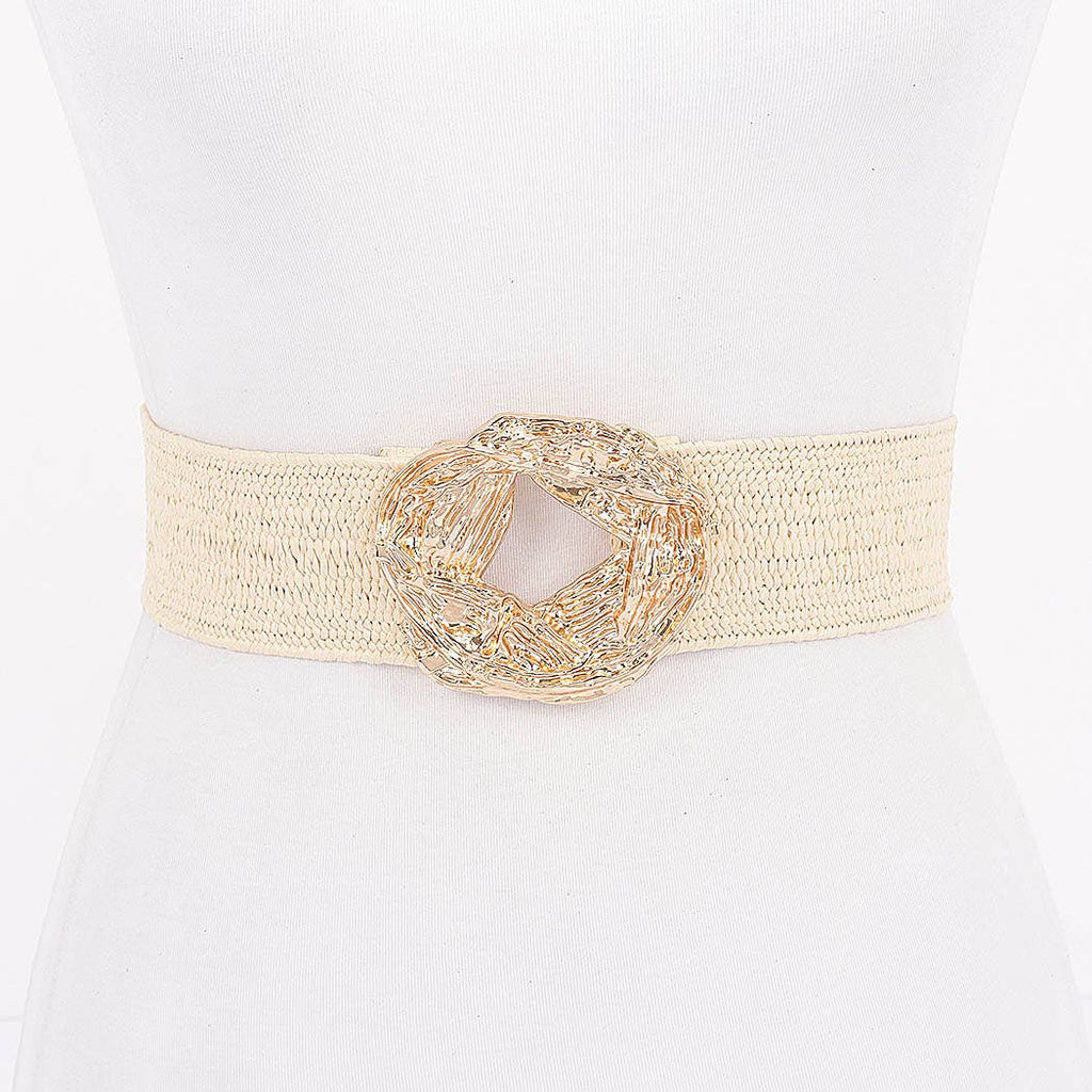 Metal Buckle Elastic Faux Straw Belt