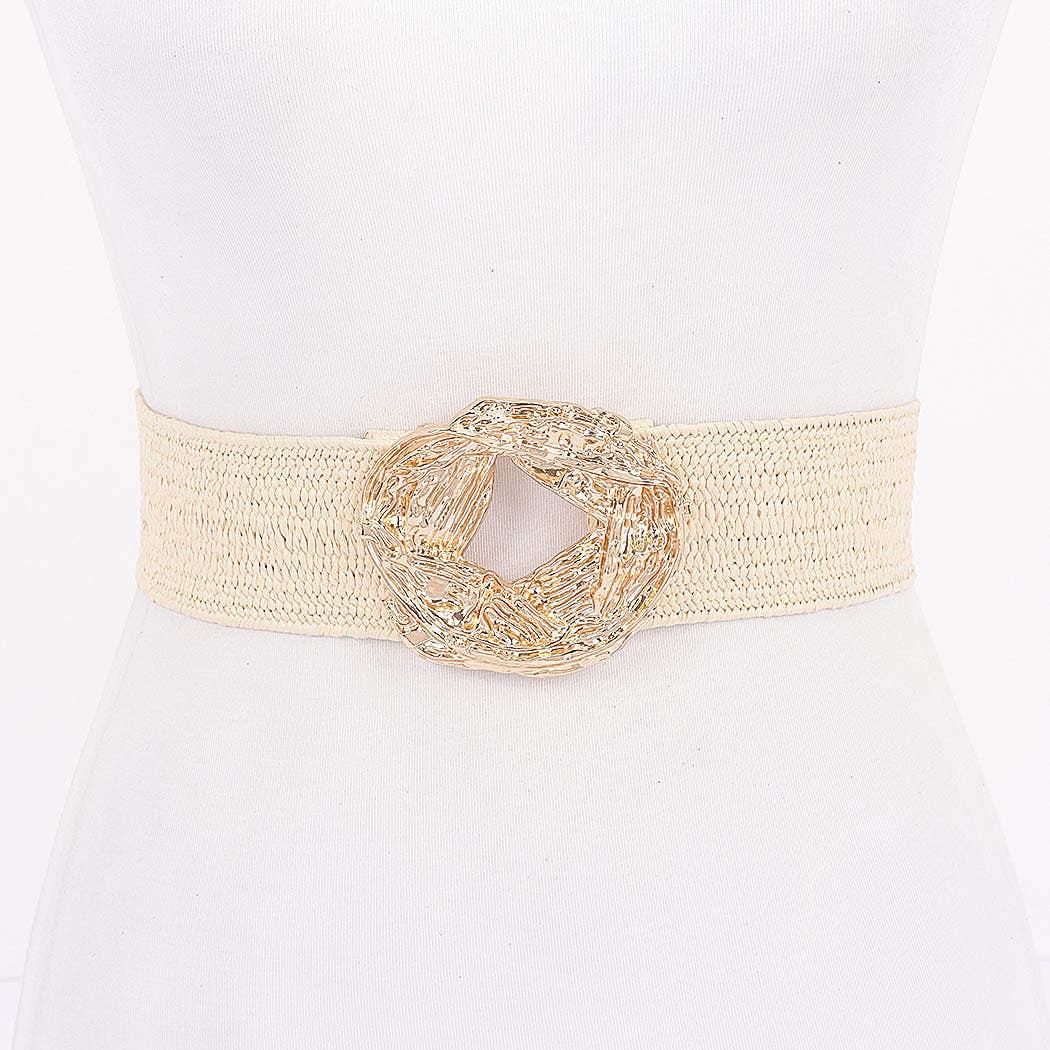 Metal Buckle Elastic Faux Straw Belt