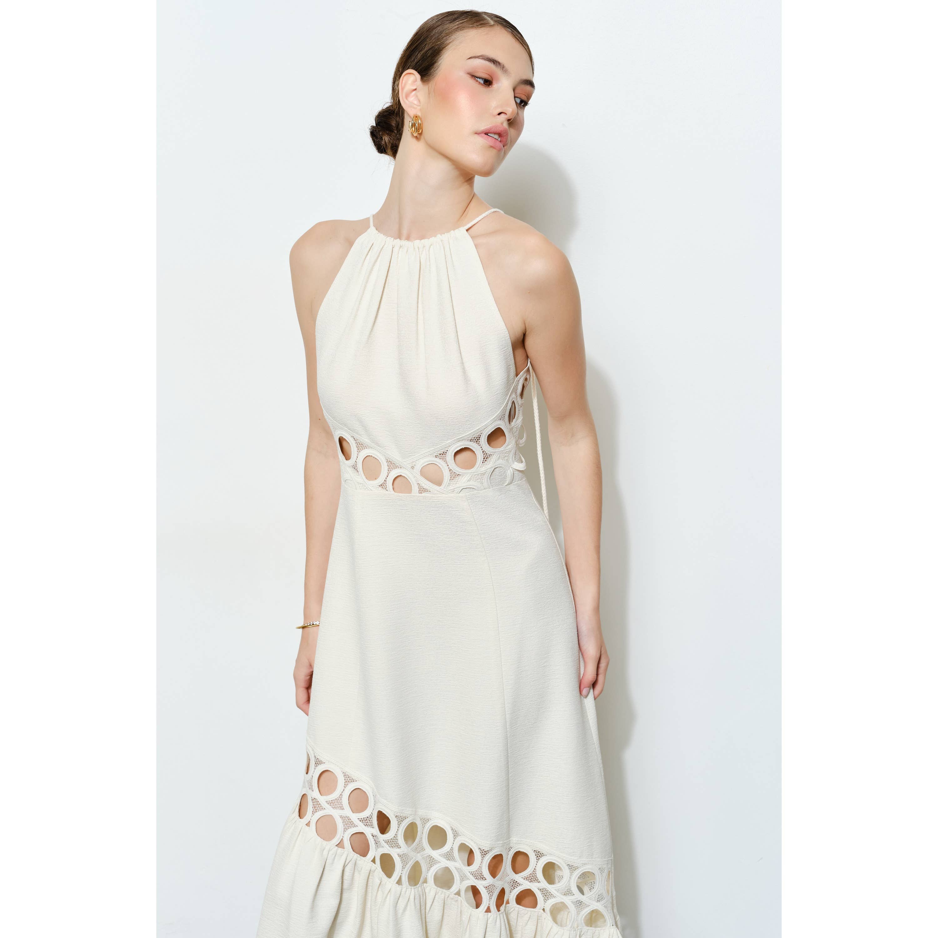 Chic Textured Lace Halter Tassel Draped Midi Dress