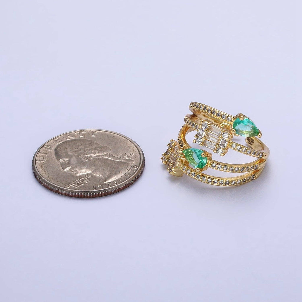 Aqua Tear Drop CZ Gold Wrap Baguette Stacking Ring
