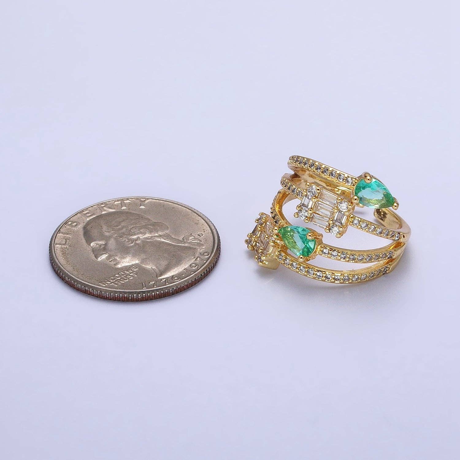 Aqua Tear Drop CZ Gold Wrap Baguette Stacking Ring