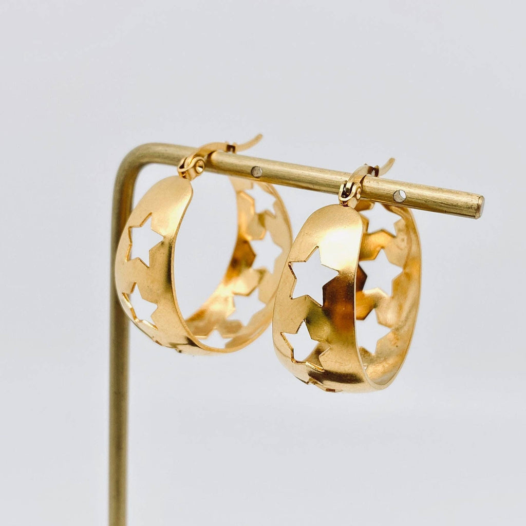 Hollow Stars Gold Plated Stainless Steel Hoop Earrings - FGS