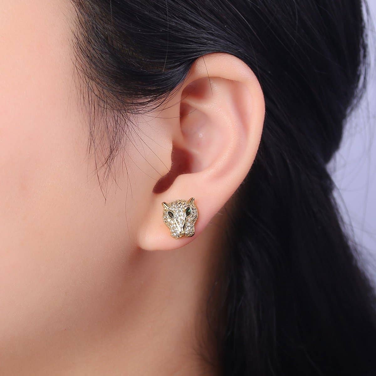 Gold Pave Crystal Leopard Head Ear Stud Earring T-415 T-416