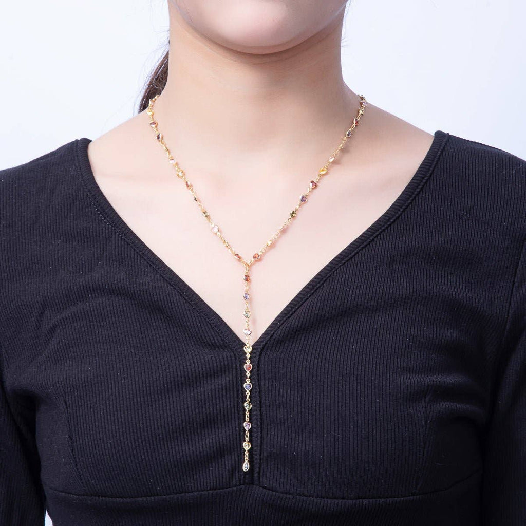 18K Gold Filled 4.6mm Multicolor CZ Bezel Heart Lariat Chain 18 Inch Necklace | WA-3967