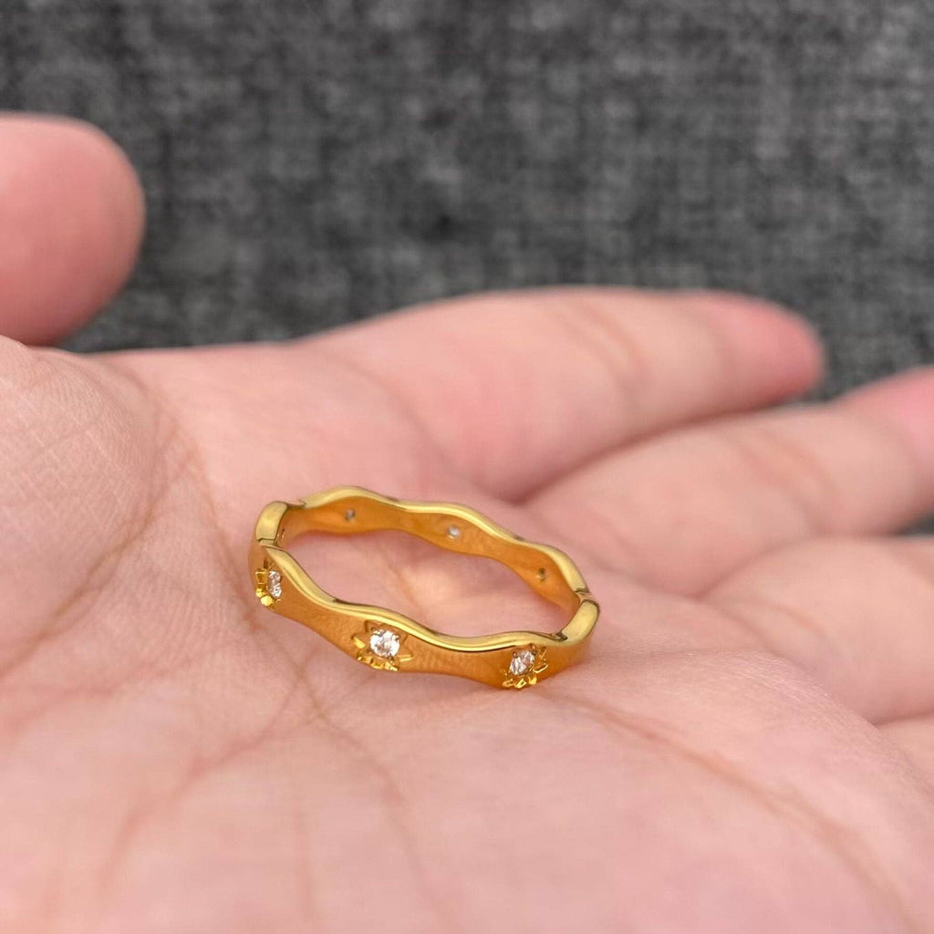 Inlaid Cz Stars Wave Design 18K Gold Plated S.Steel Ring-FGS