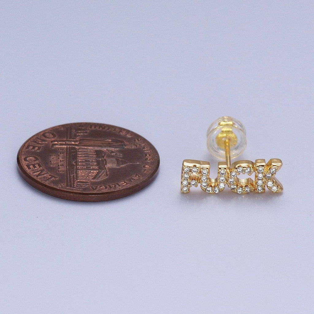 Dainty 16K Gold Filled "FUCK" Script Micro Paved CZ Stud Earrings | Y273