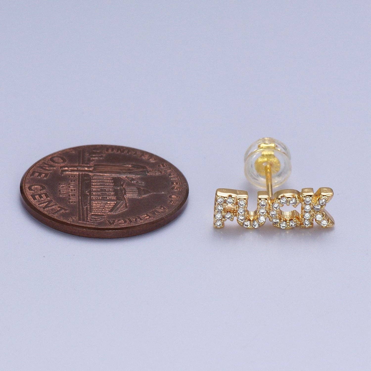 Dainty 16K Gold Filled "FUCK" Script Micro Paved CZ Stud Earrings | Y273