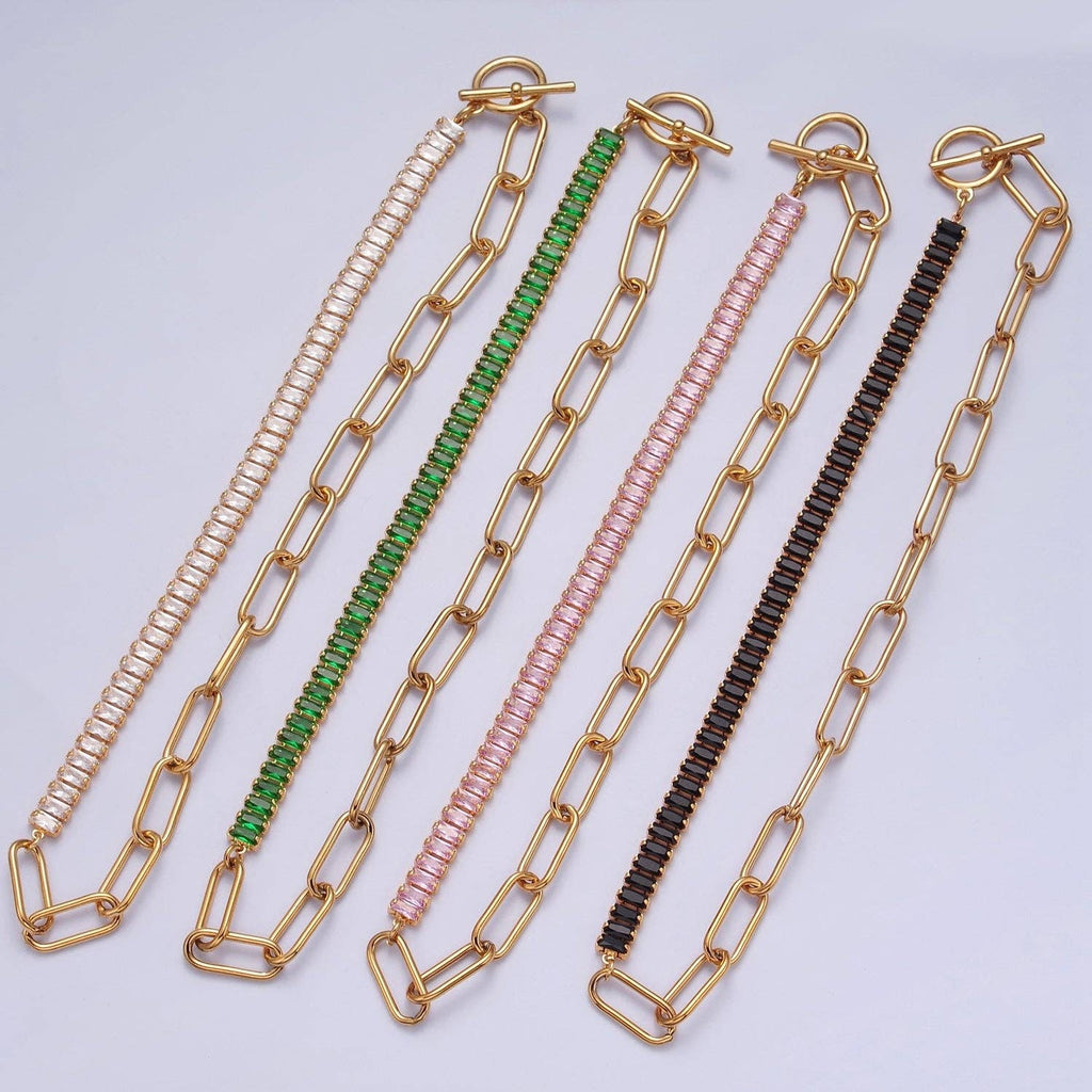 Fusion Necklace Half Baguette Tennis Chain, Half Paper Clip Chain, Statement 24K Gold Filled Necklace with Toggle WA-945