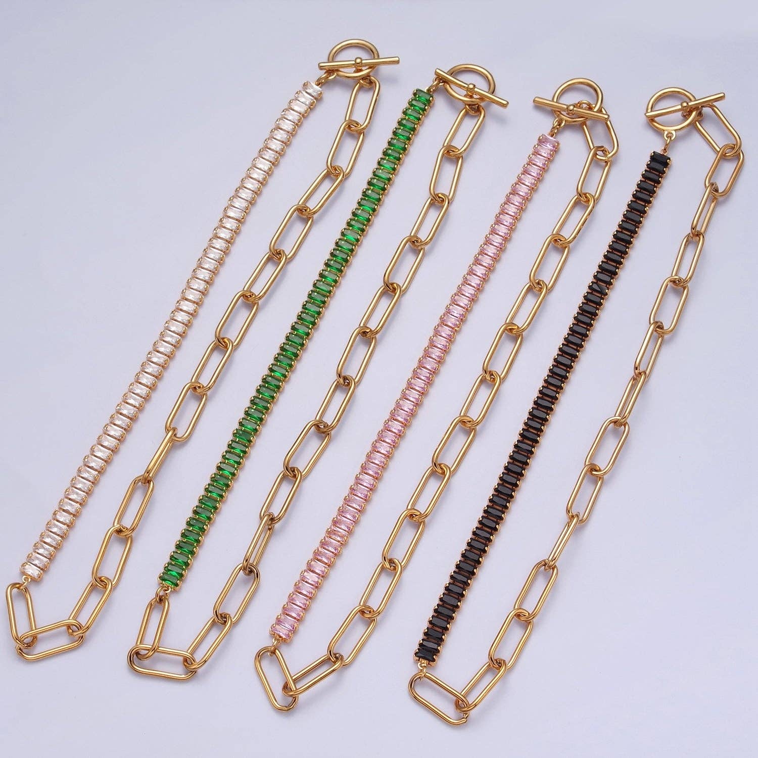 Fusion Necklace Half Baguette Tennis Chain, Half Paper Clip Chain, Statement 24K Gold Filled Necklace with Toggle WA-945