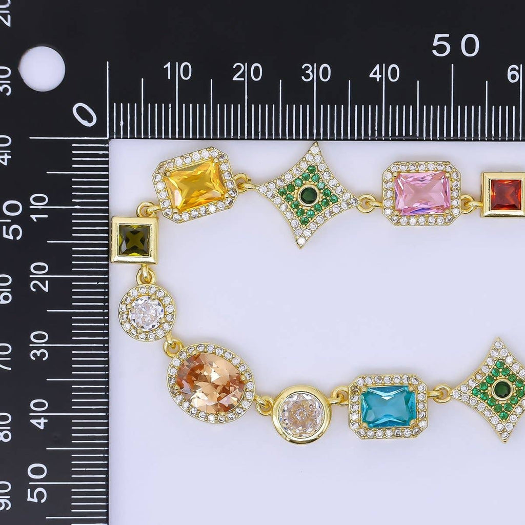 24K Gold Filled Multicolor Geometric Cluster CZ Micro Paved 18 Inch Necklace | WA-1285