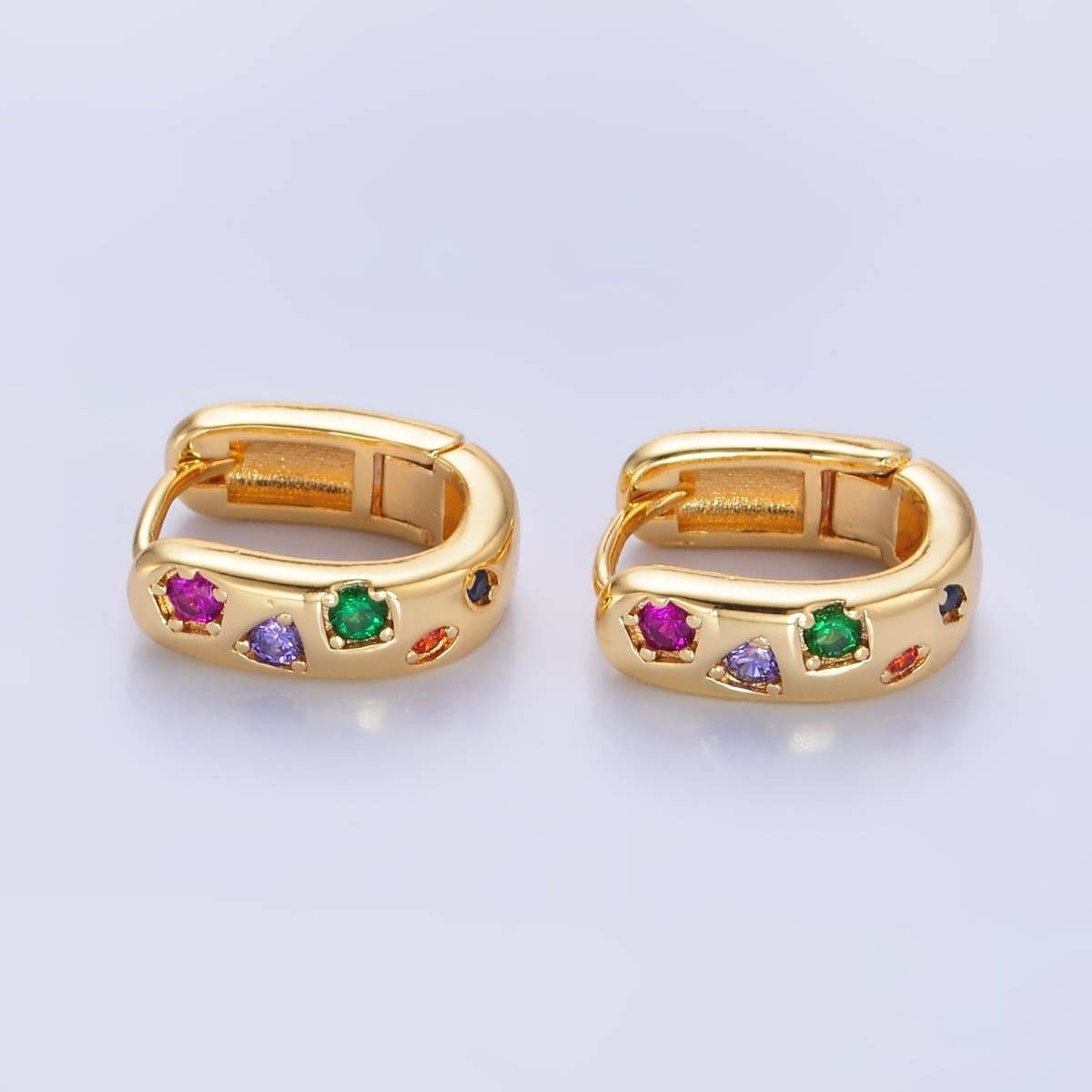 24K Gold Filled Multicolor CZ U-Shaped Huggie Earrings | AB002