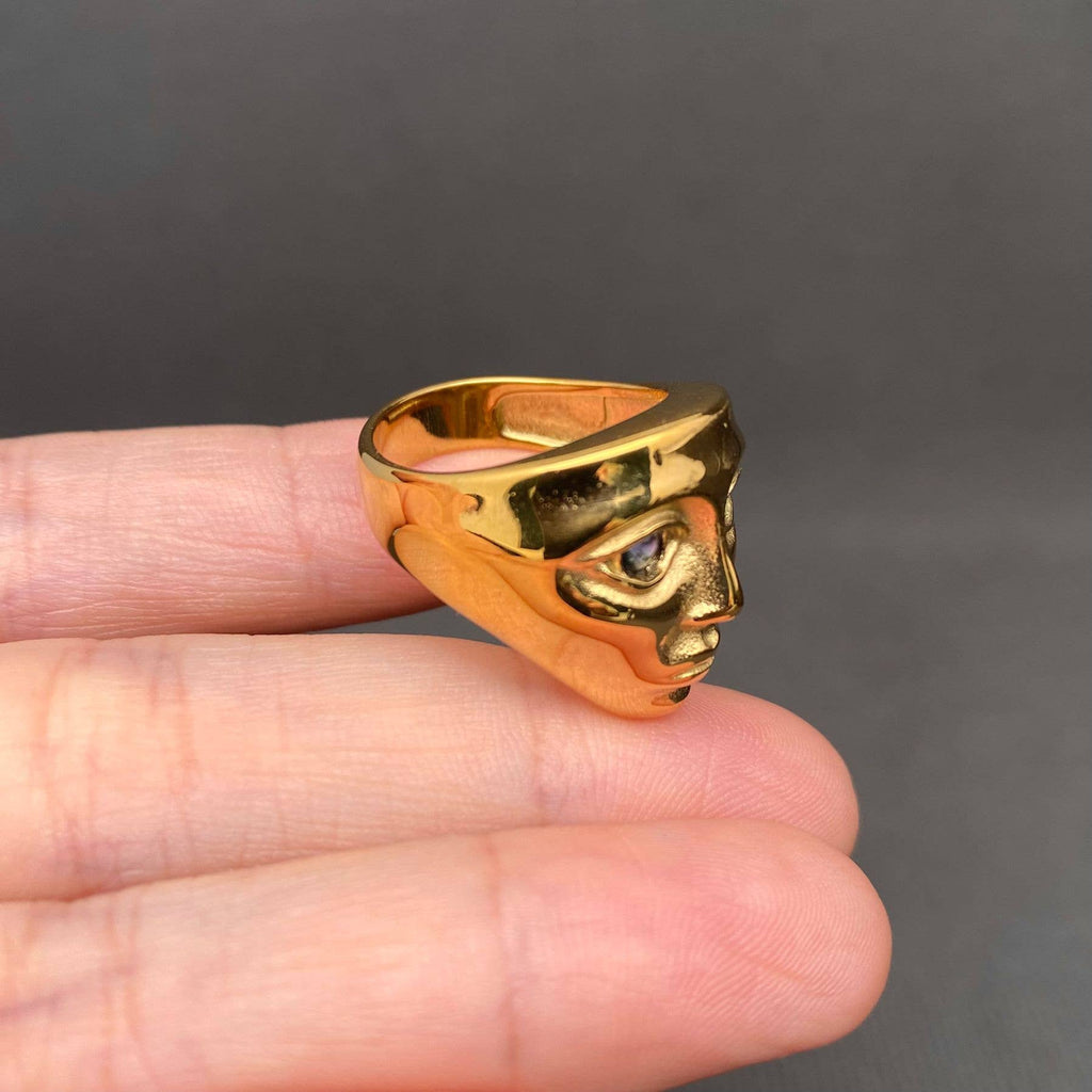 CZ inlaid 18K Gold Plated Stainless Steel Face Ring - FGS