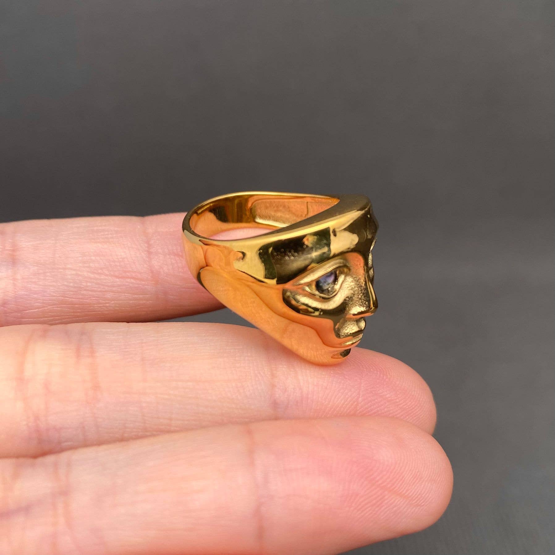 CZ inlaid 18K Gold Plated Stainless Steel Face Ring - FGS