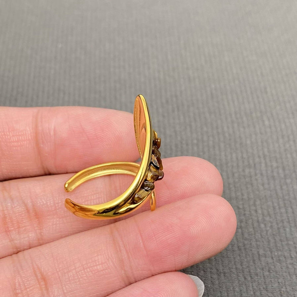 Stone Inlaid 18K Gold Plated S.Steel Adjustable Ring -FGS/CS