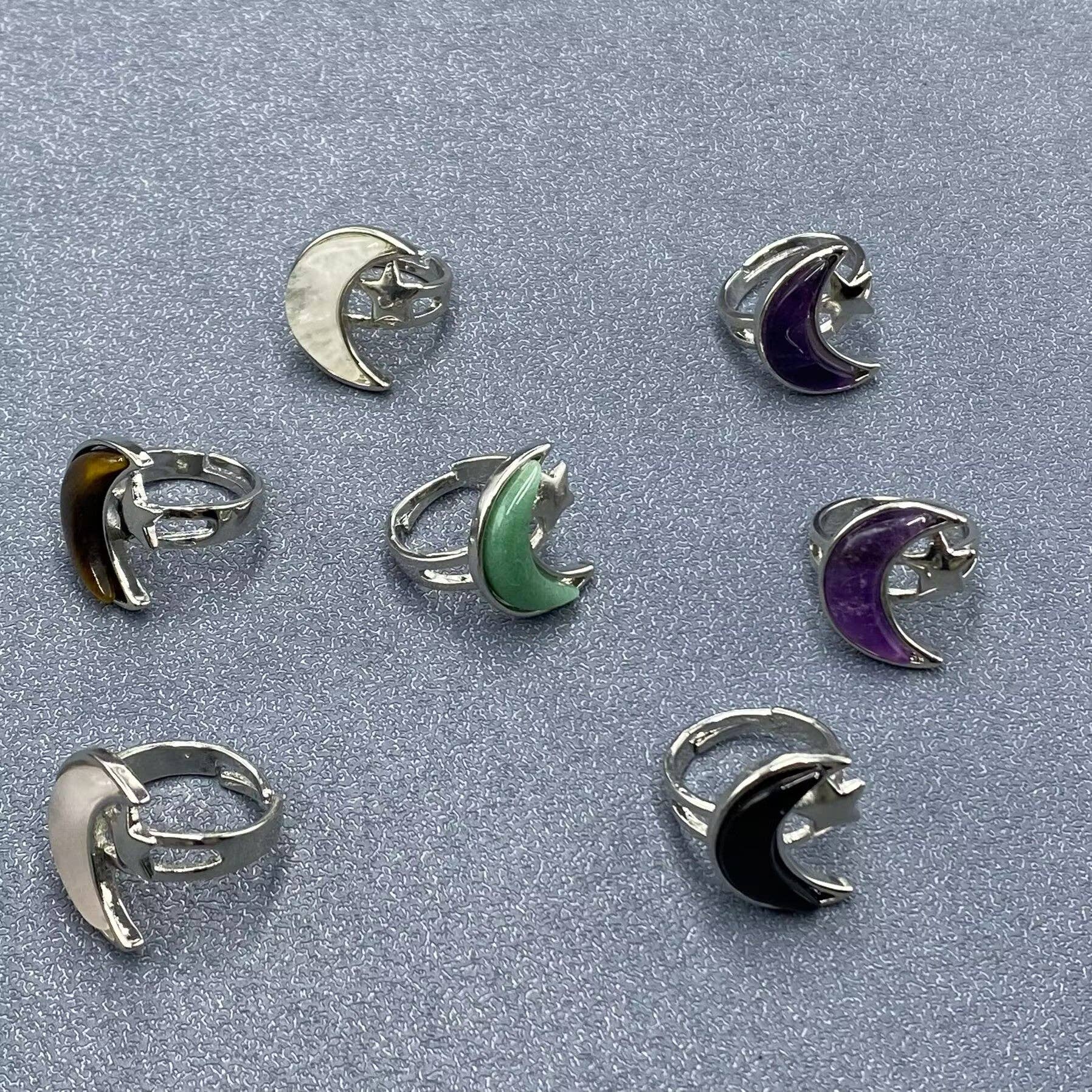 Natural Stone Moon Star Silver Tone Adjustable Ring - CS/MS