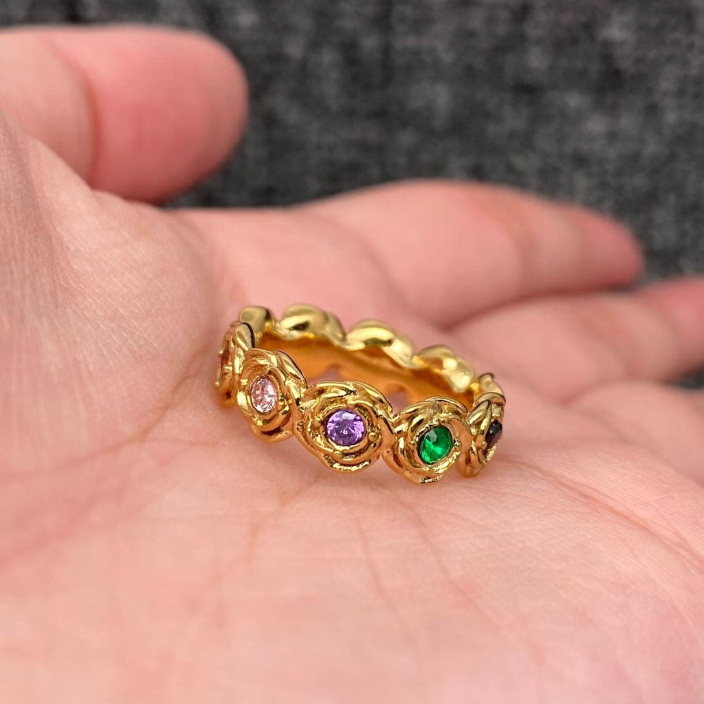 Inlay Colored CZ 18K Gold Plated S.Steel Rose Ring - FGS
