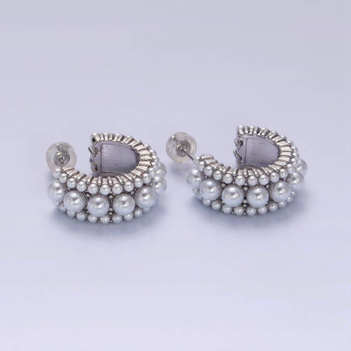 14K Gold Filled 20mm Triple White Pearl Lined C-Shaped Hoop Earrings in Gold & Silver | AD-455 AD-460
