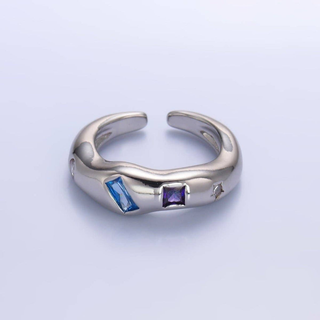 24K Gold Filled Multicolor Baguette CZ Geometric Molten Band Ring in Silver & Gold | O756 O761
