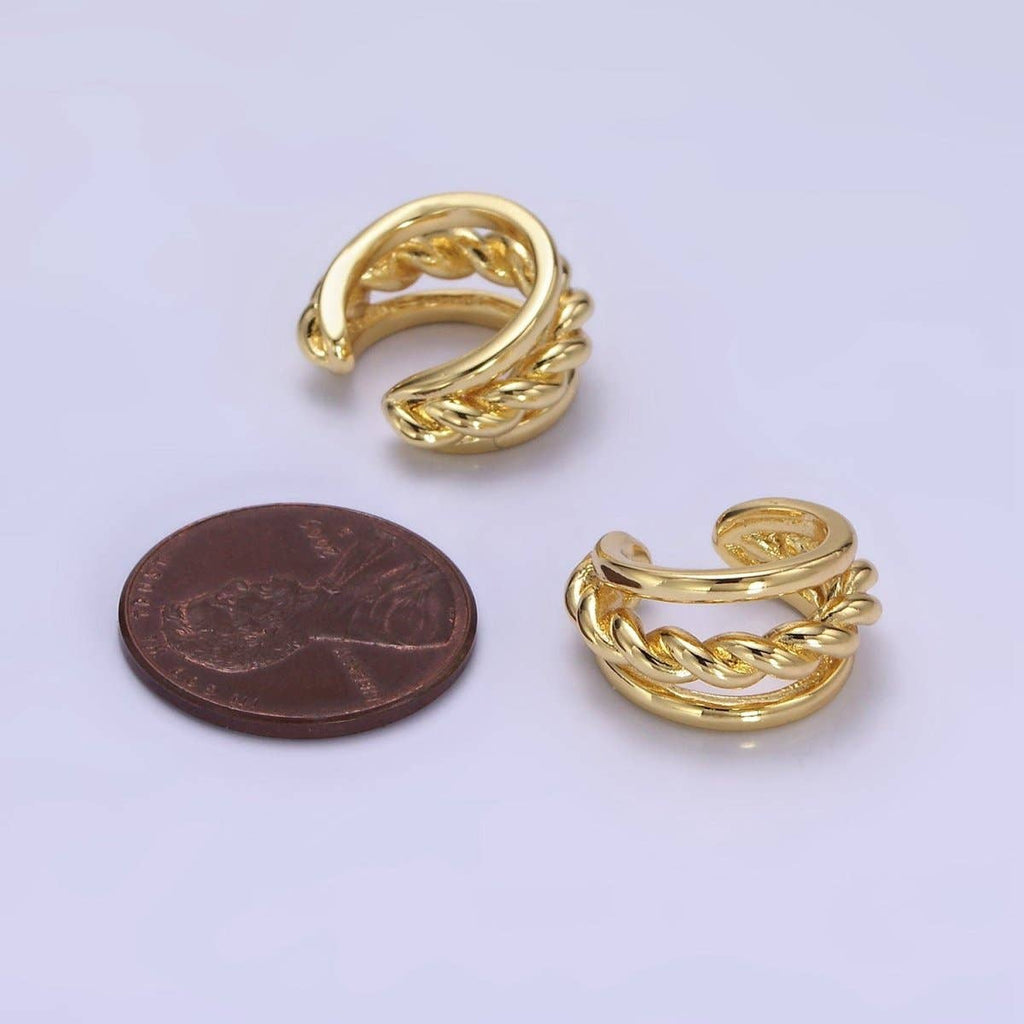 14K Gold Filled Twist Croissant Triple Band Minimalist Ear Cuff Earrings | AI157