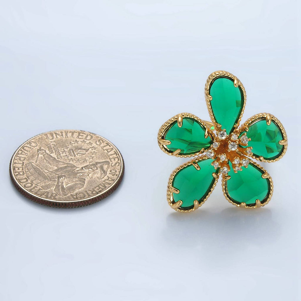24K Gold Filled Green Acrylic CZ Paved Daisy Ring | O1411