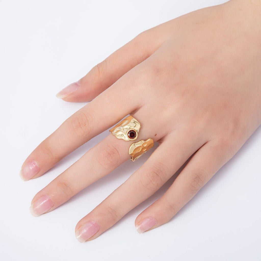 16K Gold Filled Red CZ Hammered Wide Wrap Ring | Rings-00034